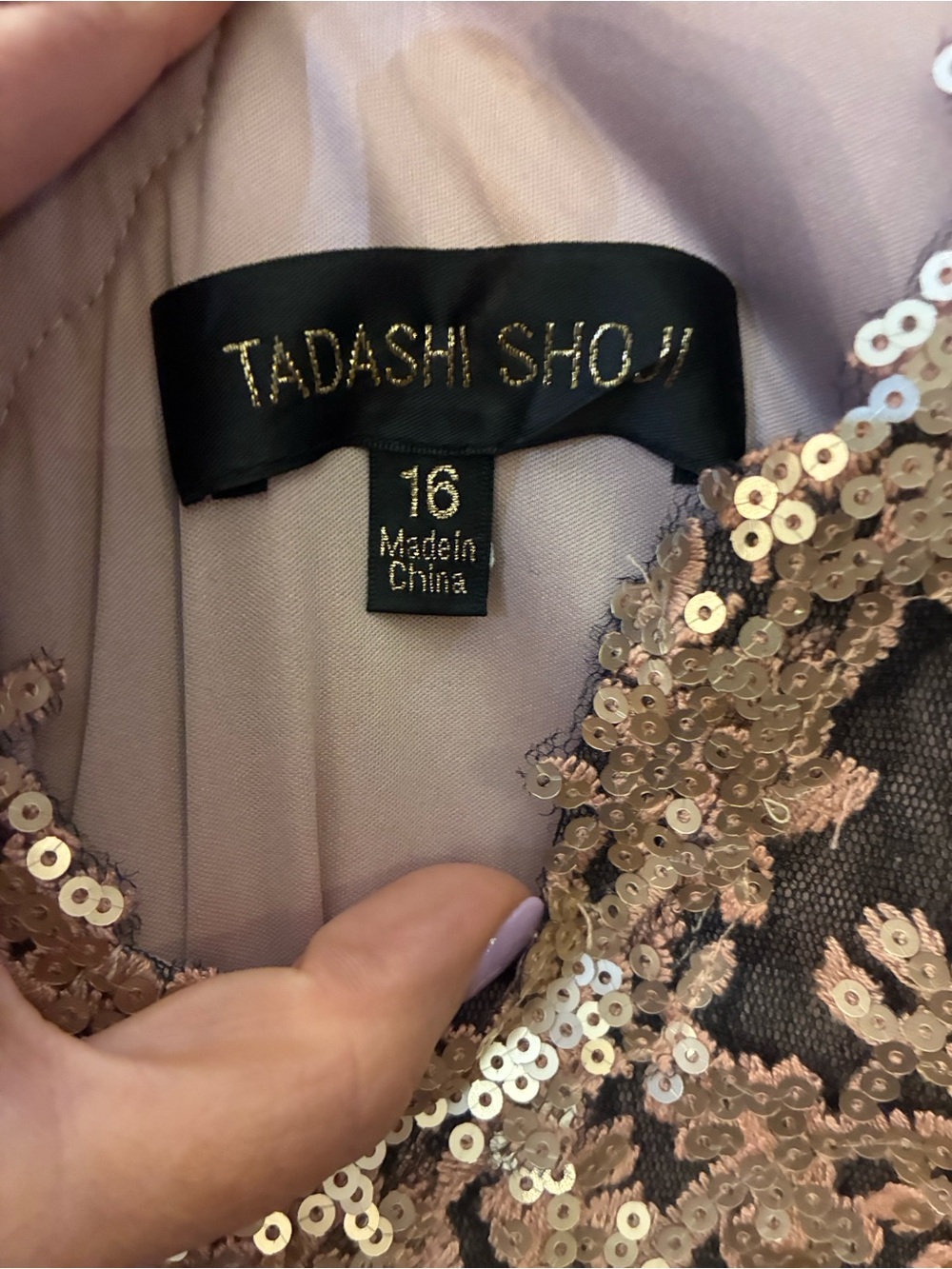 Elegant brown shimmering Tadashi Shoji with rose gold lace and sequin overlay. - Picture 2 of 6